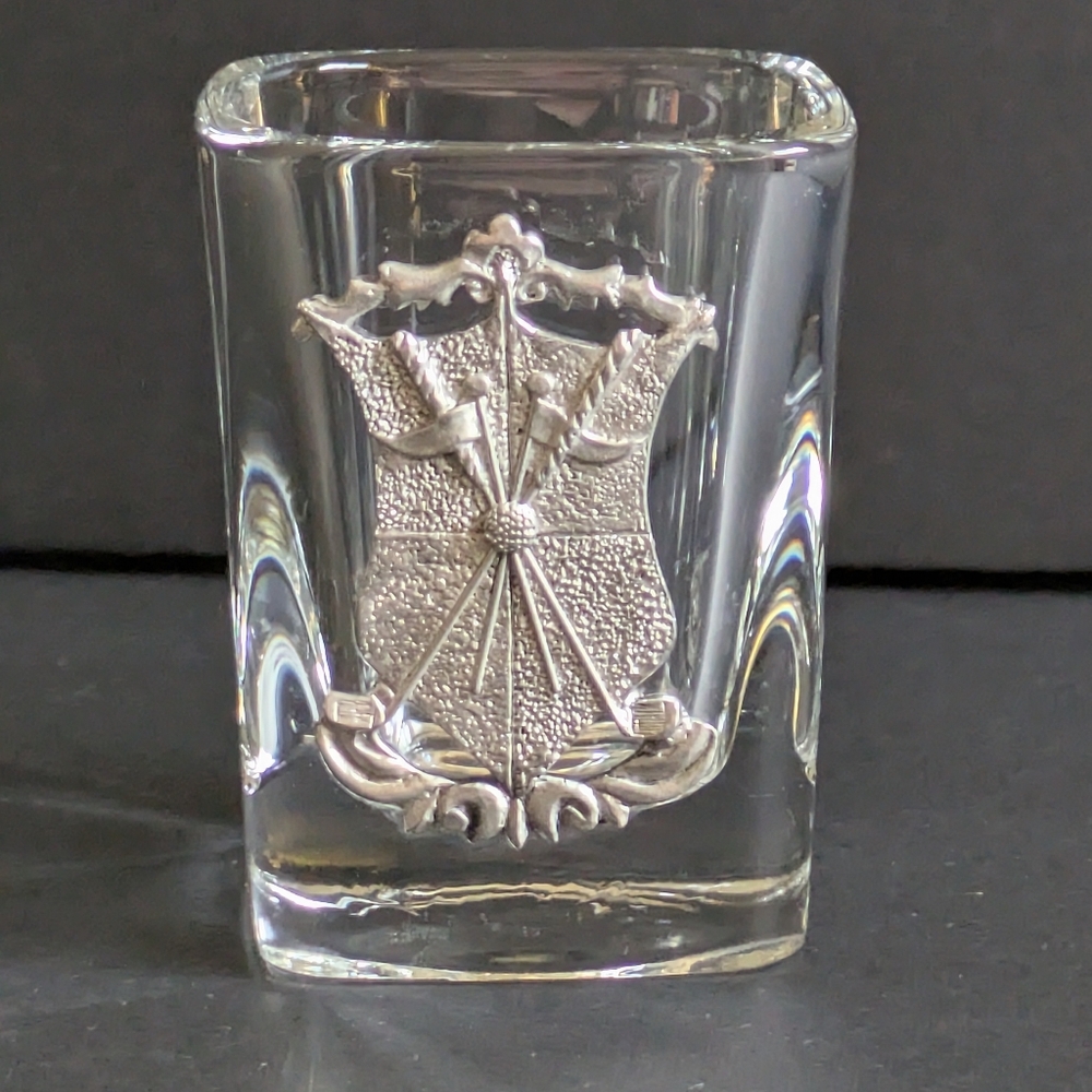 Square Shot Glass Pewter/Silver Golf Themed Emblem Shield Clubs Flag Collectible